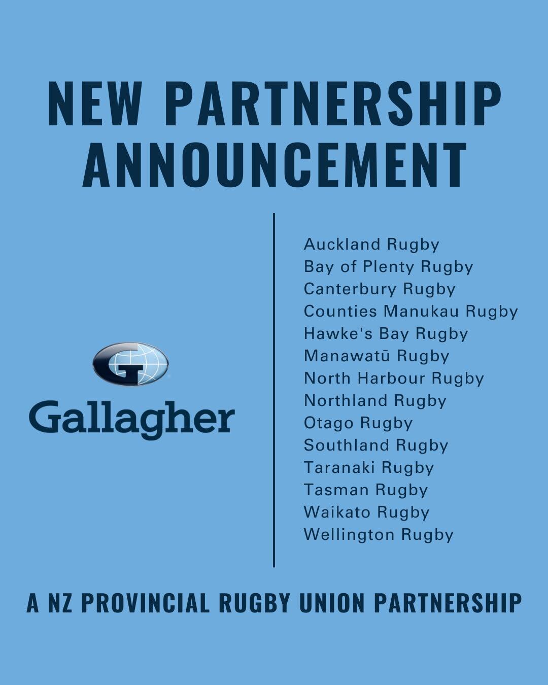 Gallagher Insurance is pleased to announce its partnership with the NZ Provincial Rugby Union Group, consisting of the 14 major provincial rugby unions throughout New Zealand. This is an unprecedented collaboration with the 14 provincial rugby unions