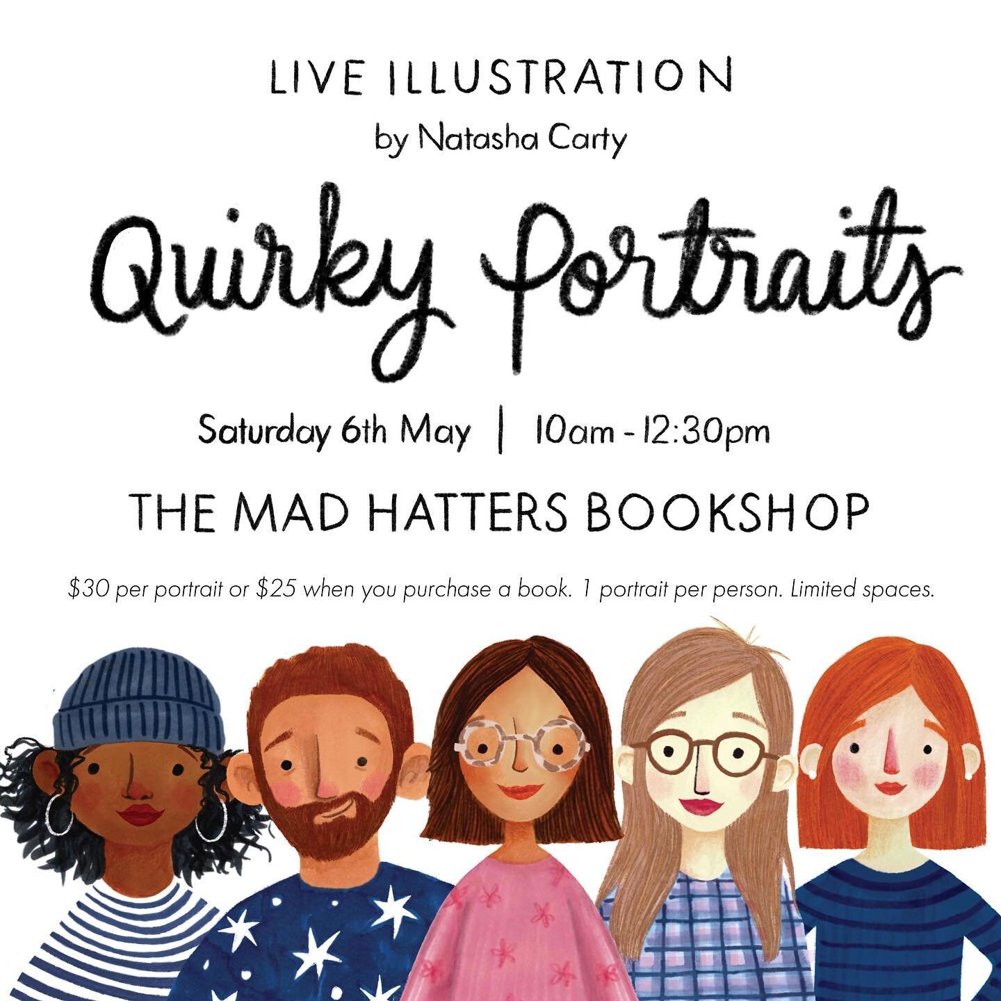 Here is some exciting news! ✨ I have my FIRST EVER LIVE ILLUSTRATING GIG in Brisbane this weekend at the very beautiful @madhattersbookshop in Manly 📚✨ Drop in between 10:00-12:30 to get a quirky portrait done by me. And helpful tip: with Mother&rsq