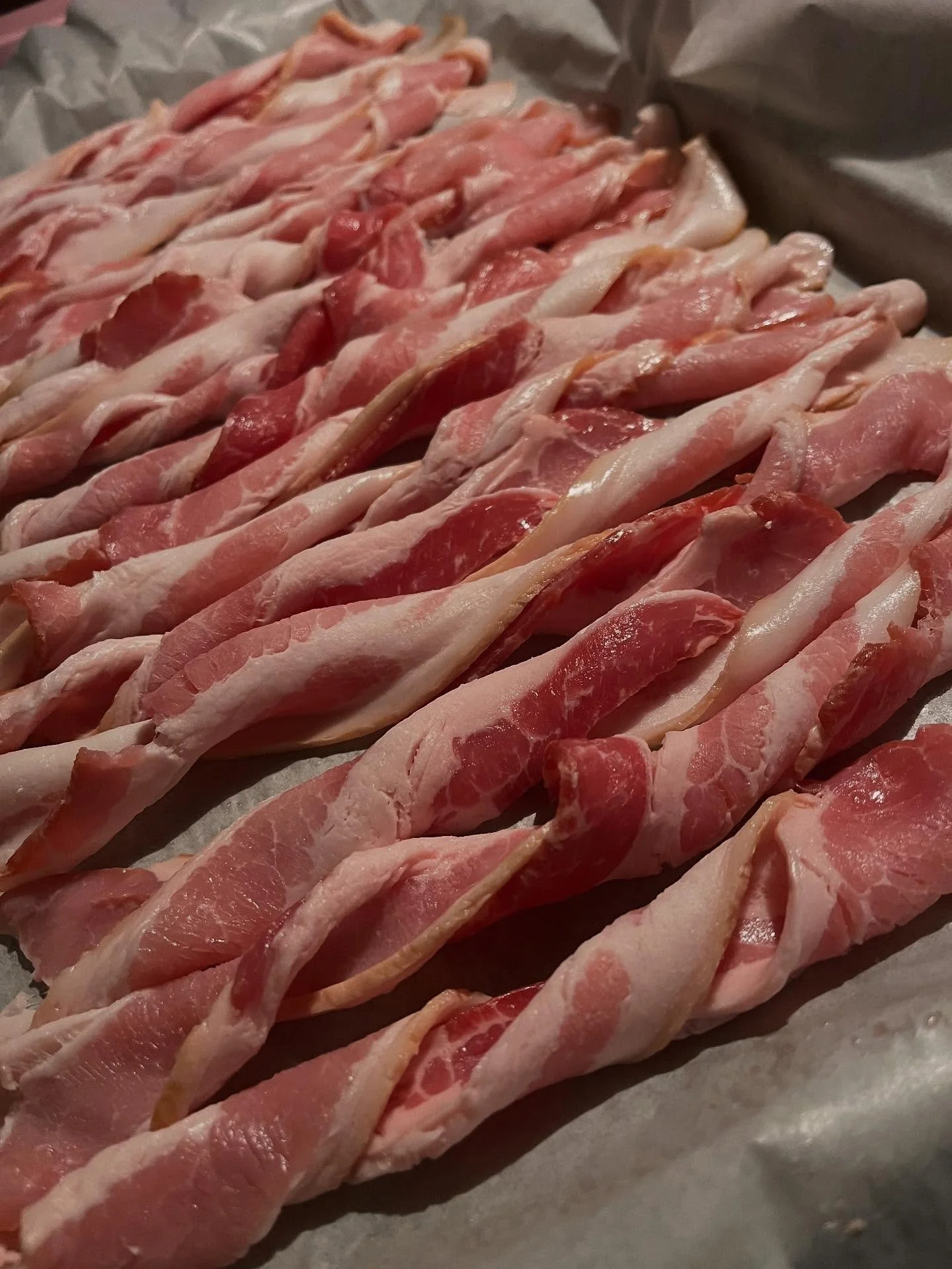 #mealprep //
a whole package of bacon,
twisted up to fit on my cookie sheet&mdash;
baked in a 350&deg; while i get ready for the office.
.
one of the parts of Healthy-eating /
maintaining a Healthy relationship with food
that i don't think gets nearl