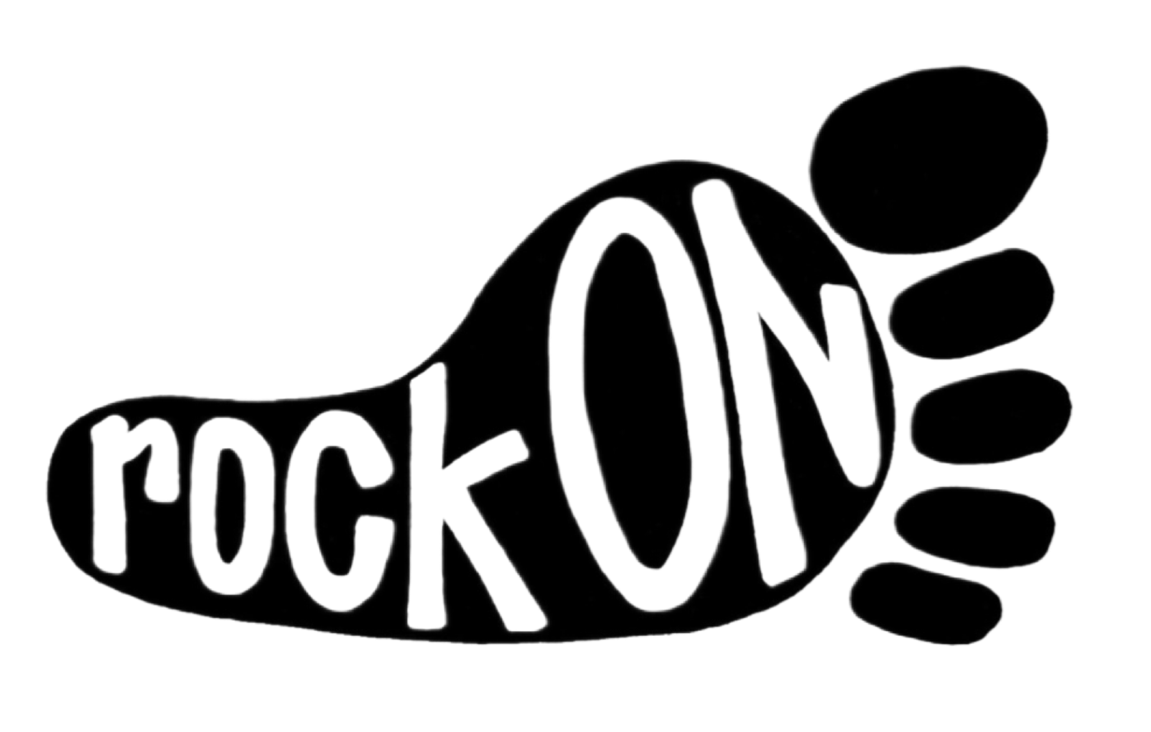 Black and white illustration of a foot with the words "ROCK ON" written within the sole. Logo of the lifestyle brand, "rock on. barefoot."