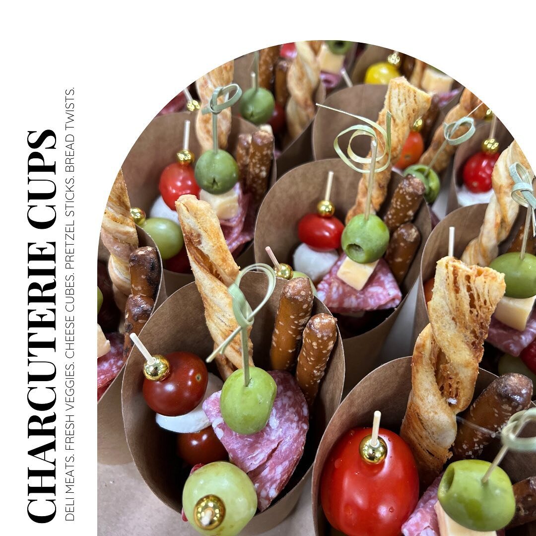 One of our most popular apps - Charcuterie Cups! The perfect portion of fresh veggies, deli meats, creamy cheeses, fruit, and crunchy breadsticks! Ideal for grab and go events, or for your employees!