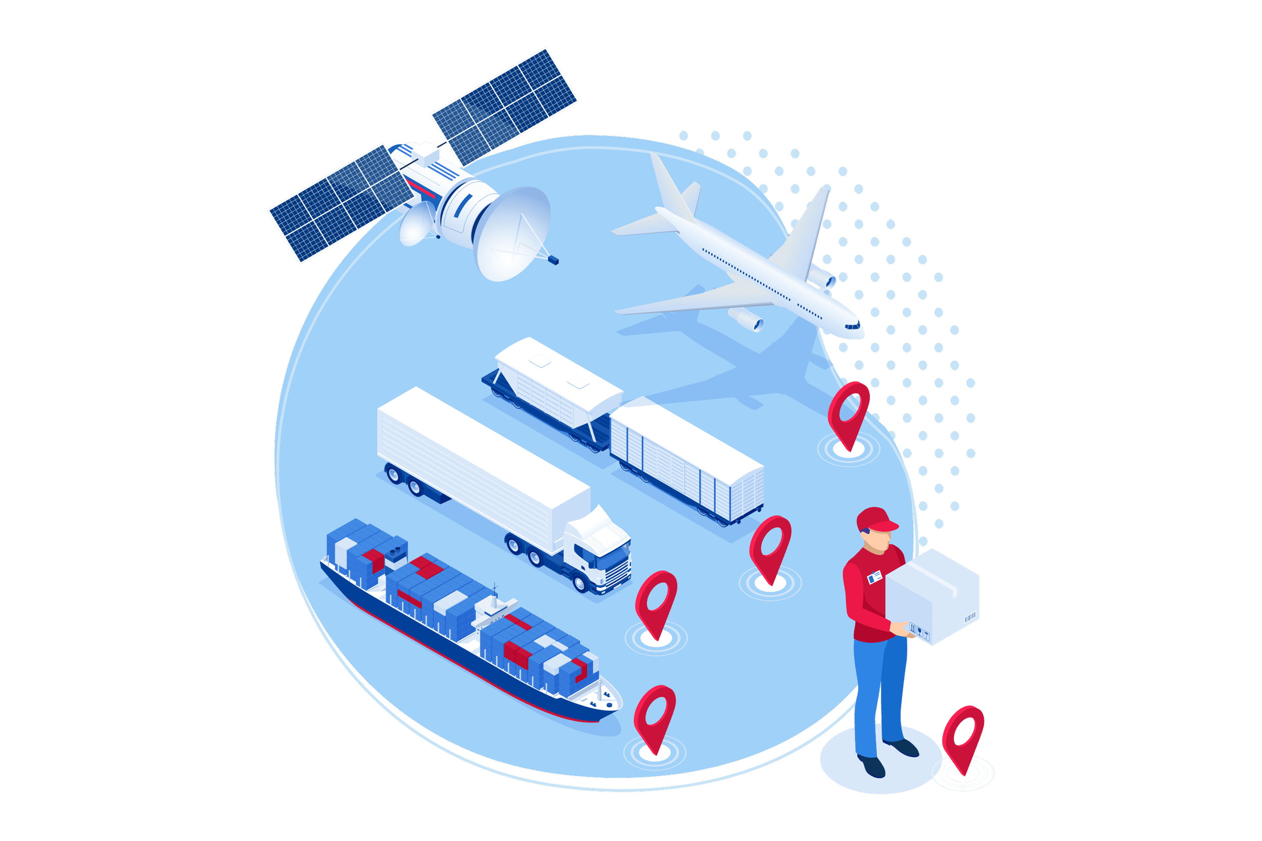 Illustration of global transportation including a cargo ship, trucks, airplane, satellite, and delivery person with a package, marked with location pins.