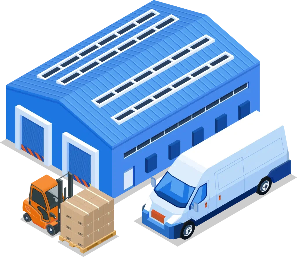 An isometric illustration of a warehouse with loading dock doors, a forklift unloading boxes onto a pallet, and a delivery van parked nearby.