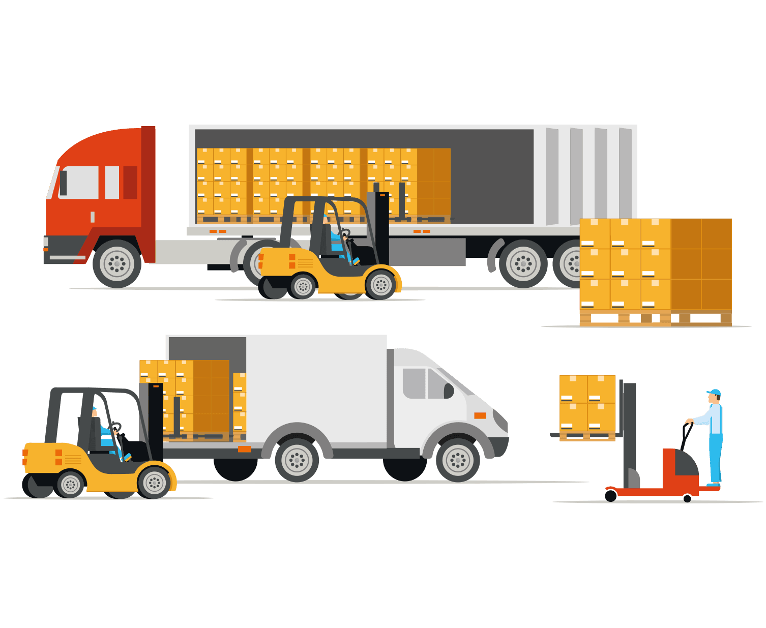 Loading dock with trucks and forklifts, workers moving boxes onto trucks, with one person controlling a pallet jack.