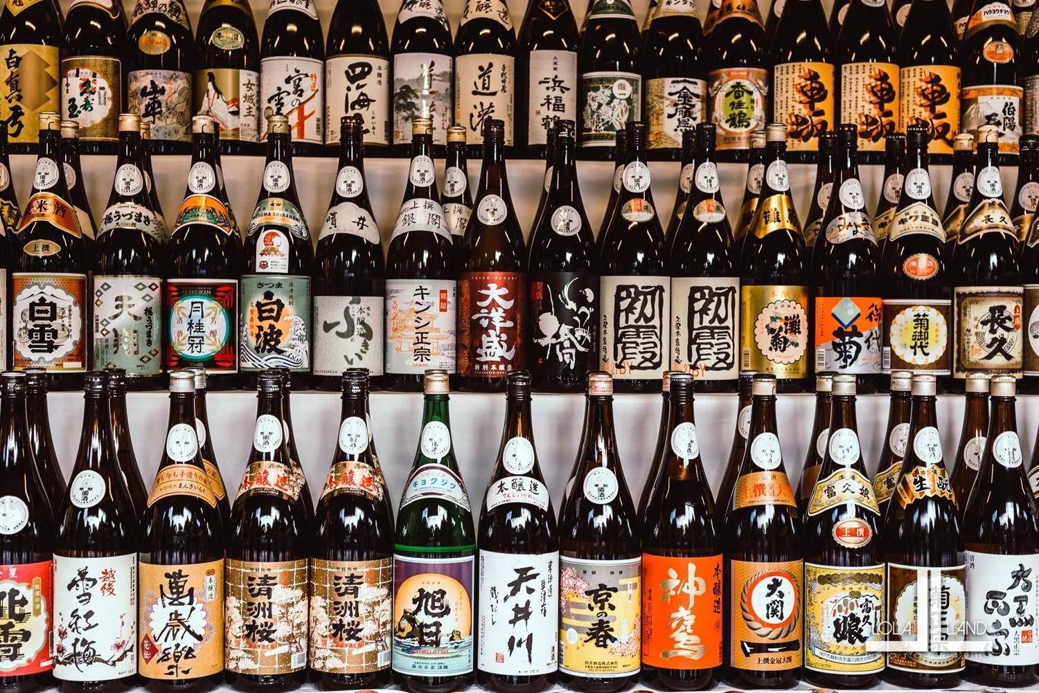 Wall display of Japanese sake bottles with various labels.