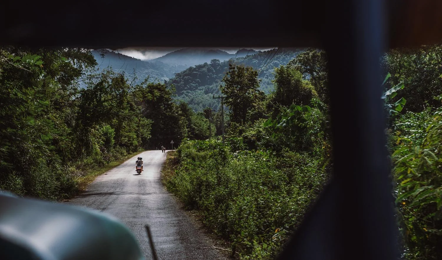 Motorcyclist riding on a winding road through a lush, green forest with mountains in the background.