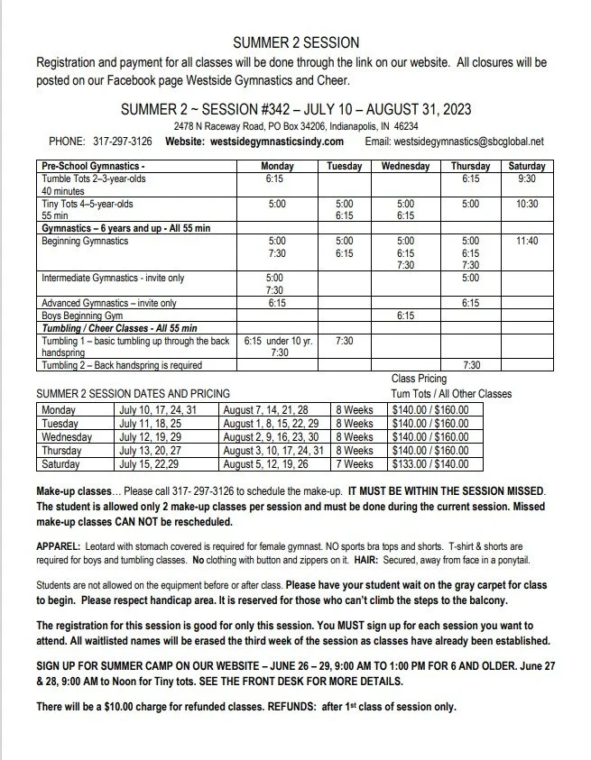 Current Class Schedule — Westside Gymnastics and Cheer