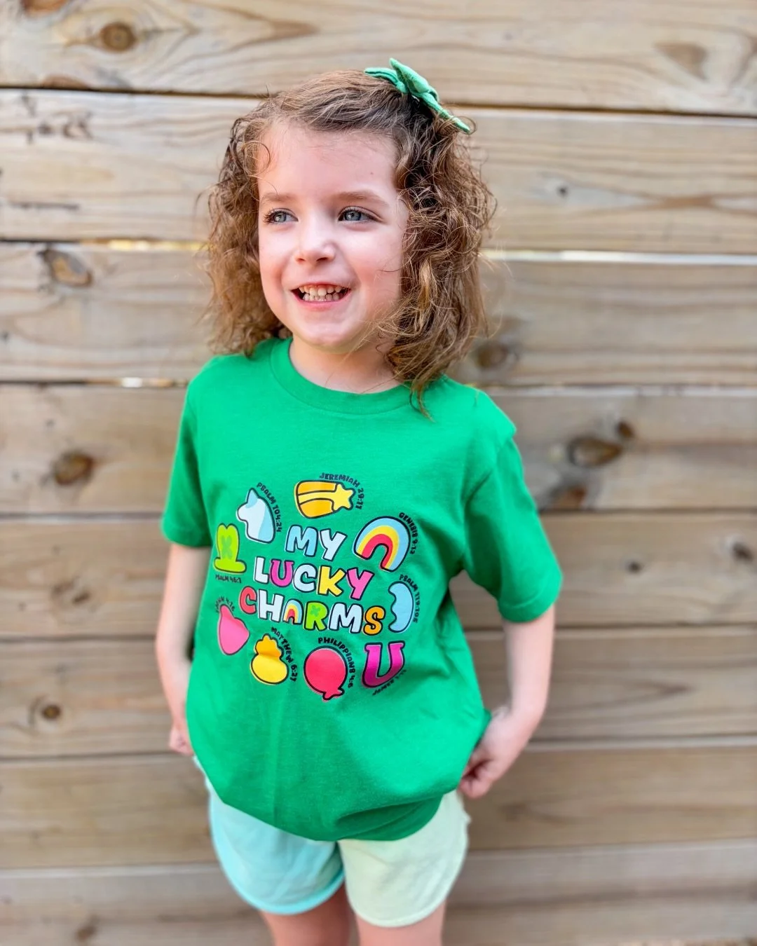 That tee says it all 💚✨

Not lucky&hellip; just loved.

Our &ldquo;My Lucky Charms&rdquo; tee is the sweetest way to point little hearts back to the true source of every good gift. Each colorful charm highlights a Bible verse that reminds our kids w