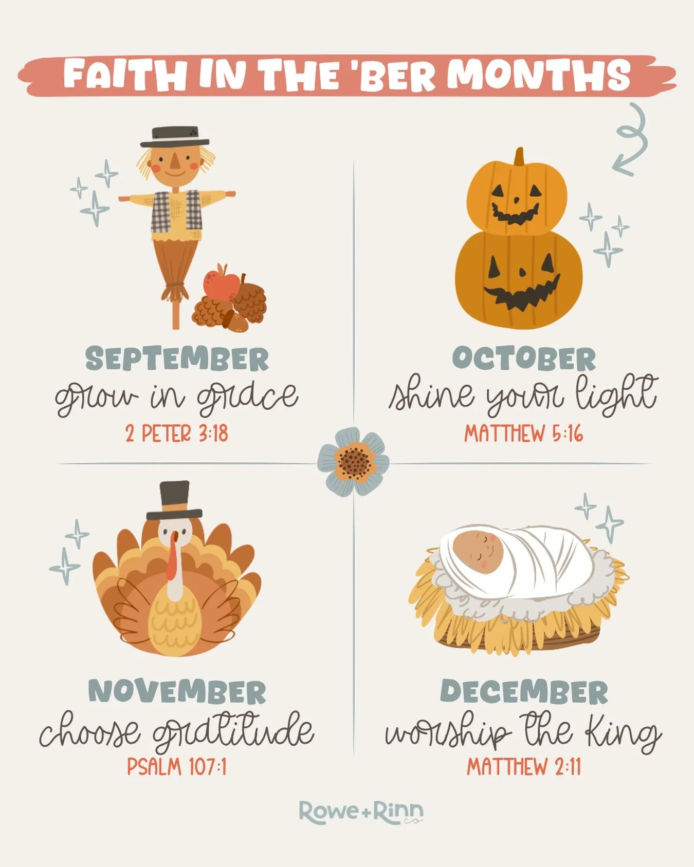 🍂 Faith in the &lsquo;Ber Months! 🍂

A new season is here, and it&rsquo;s the perfect time to be intentional about growing our faith through the everyday moments of fall.

🍎 September: Grow in grace
🎃 October: Shine your light
🦃 November: Choose