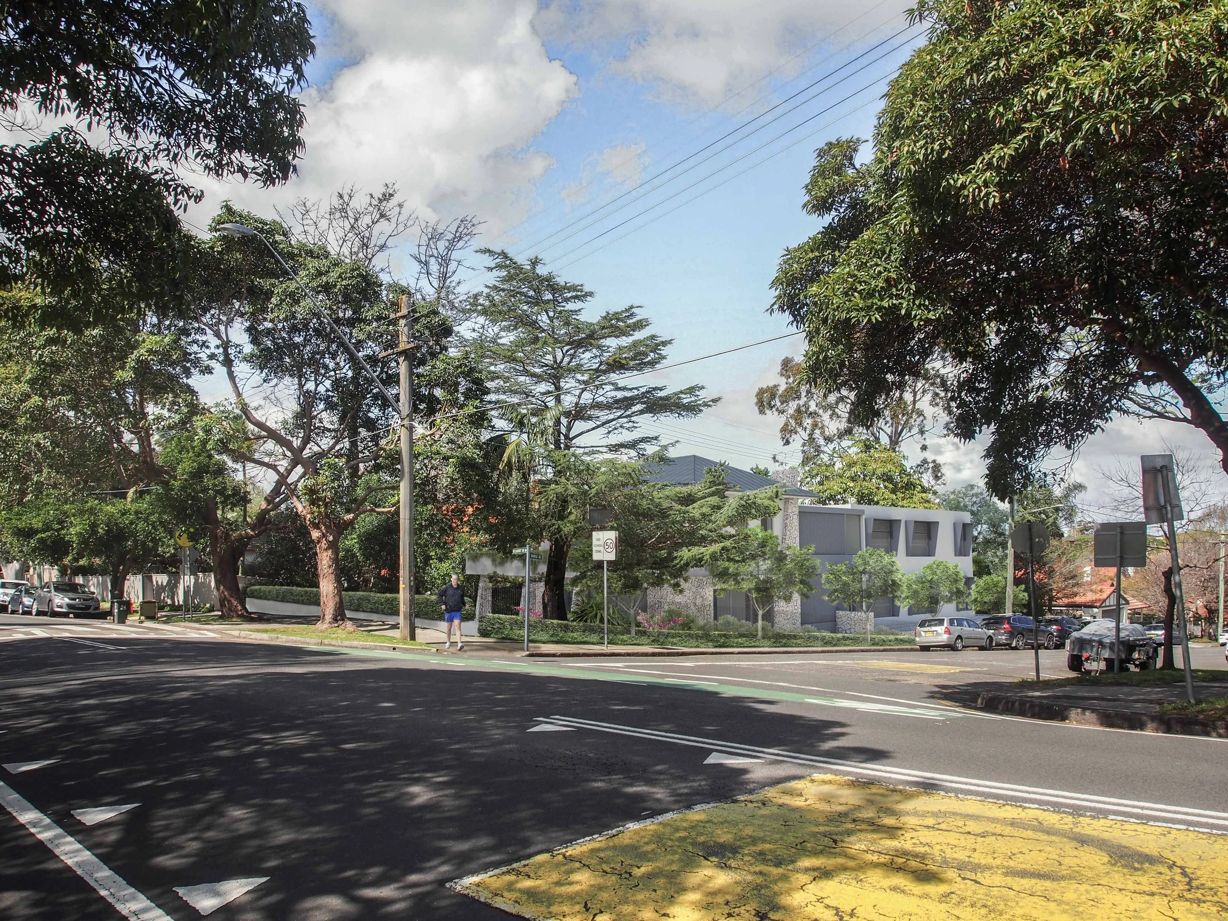 Corner streetscape concept render of Noble, a two-residence residential proposal in Mosman NSW