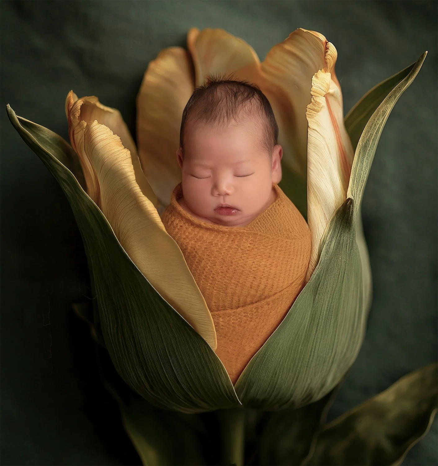 baby boy in gold wrap in gold and green flower