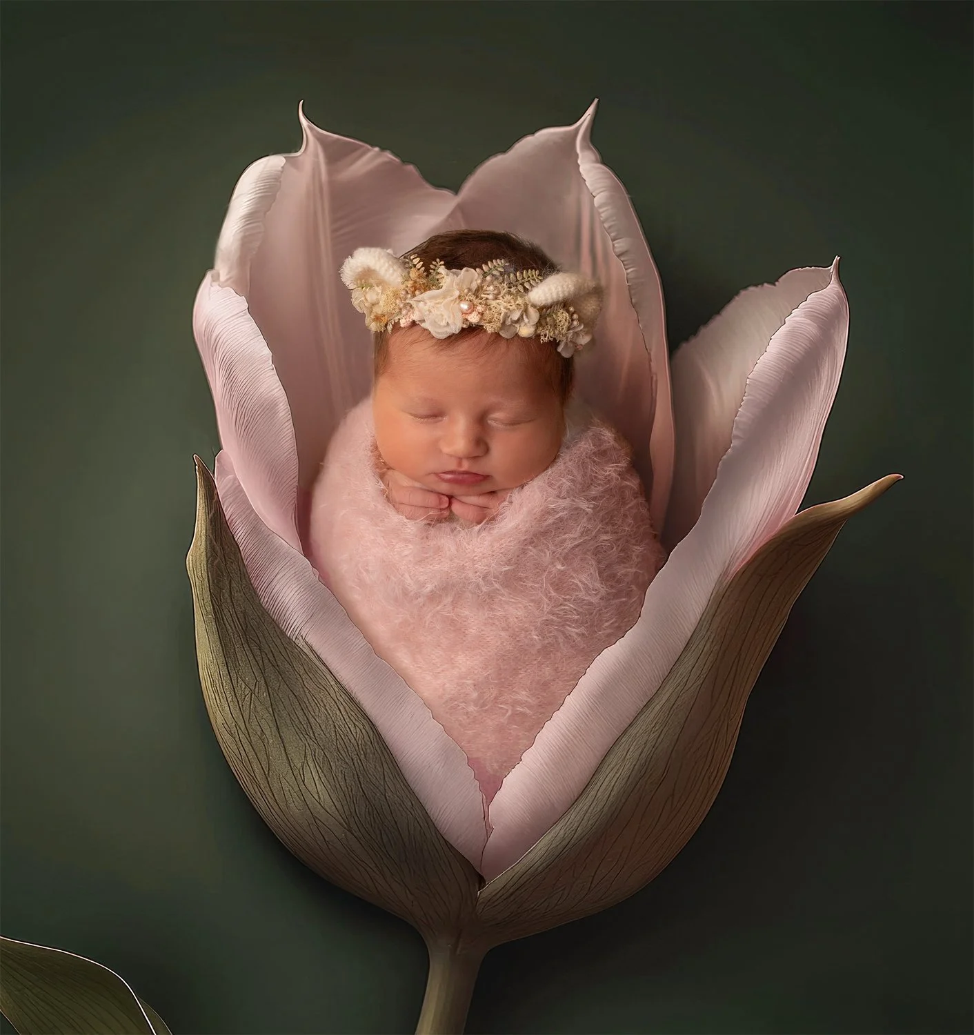 baby girld in pink fuzzy wrap with floral headband with hands folded in pink and green flower