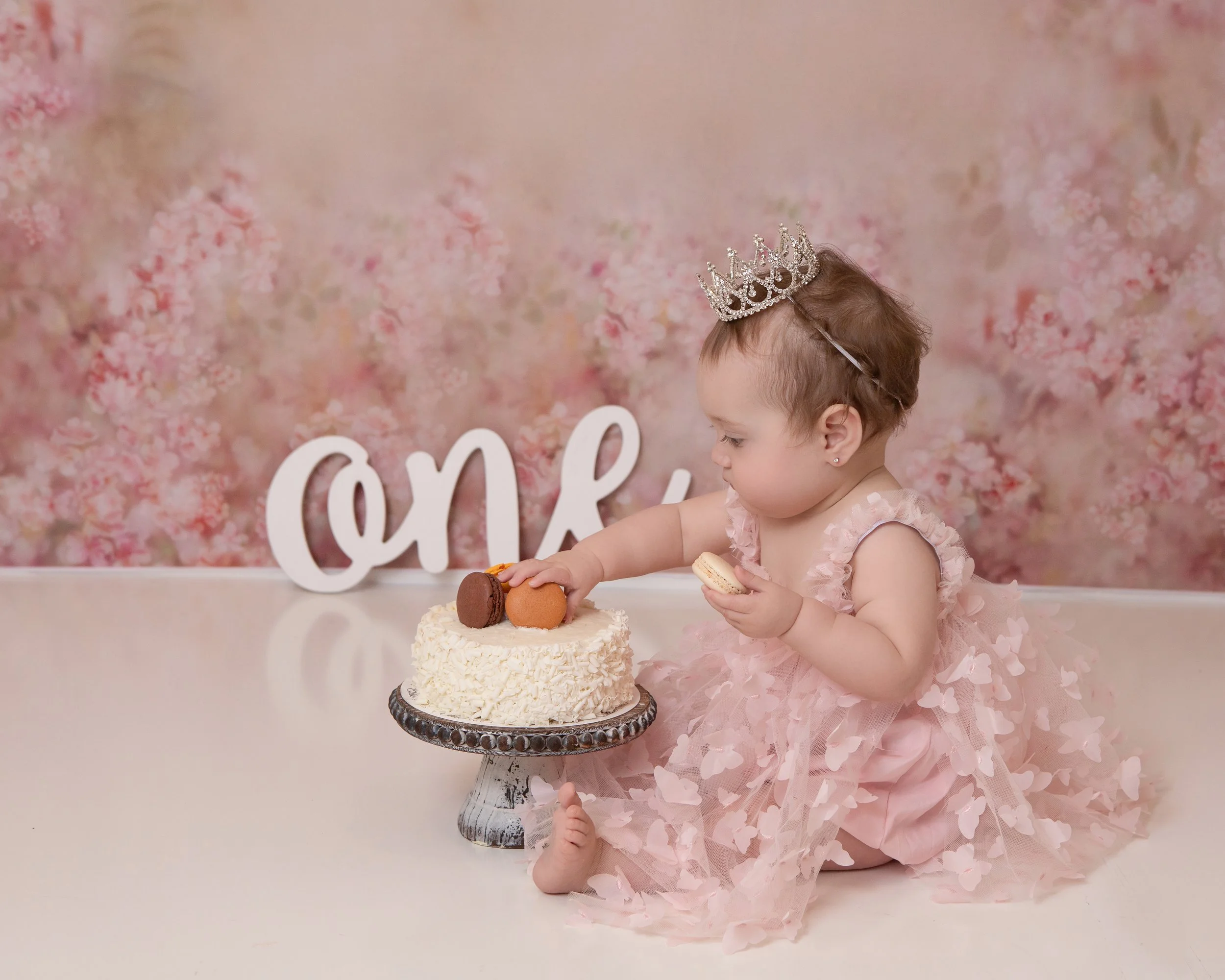 toddler girl in pink butterfly dress and crown with birthday cake and the number one