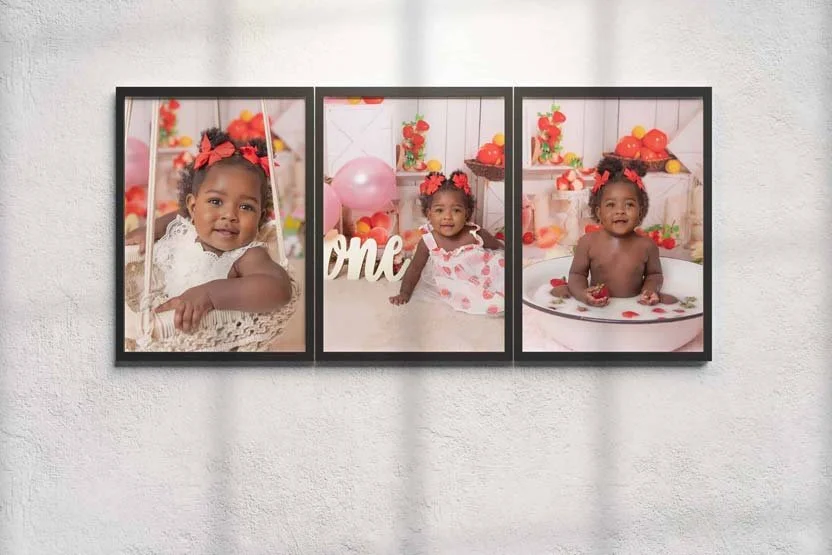 Three-panel wall art featuring a baby girl’s cake smash session with pink and red decorations, a ‘One’ sign, and joyful expressions. Beautifully preserved first birthday milestone photography in Lancaster, PA