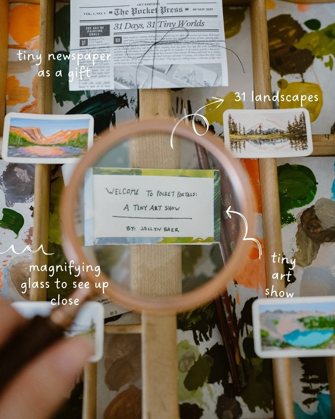 The tiniest art show is here! 🎨 Pocket Portals features 31 itty bitty landscape paintings&mdash;each one just 2&rdquo; x 1.25&rdquo;. Swipe to peek at these pocket-sized landscapes!

✨ New video on YouTube for a closer look at the show 

🎨 Painting