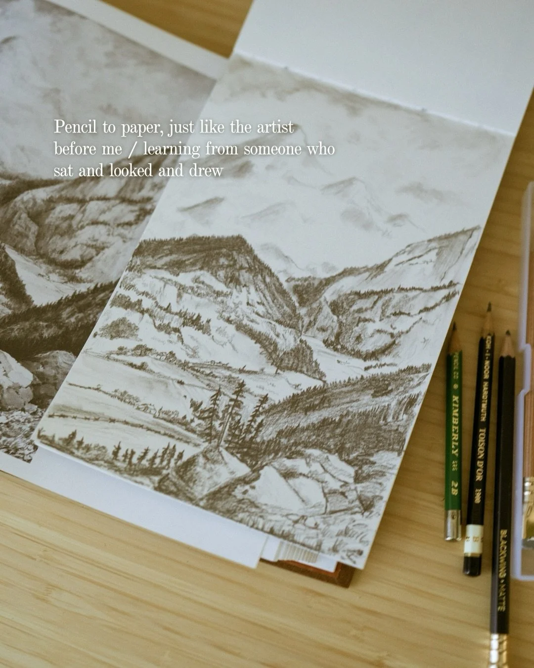 Drawing from vintage books feels like a conversation across time. An artist sat somewhere beautiful decades ago, looked closely, and made marks with graphite. Now I sit with their sketch, my pencil moving, learning the way they learned to see. It&rsq