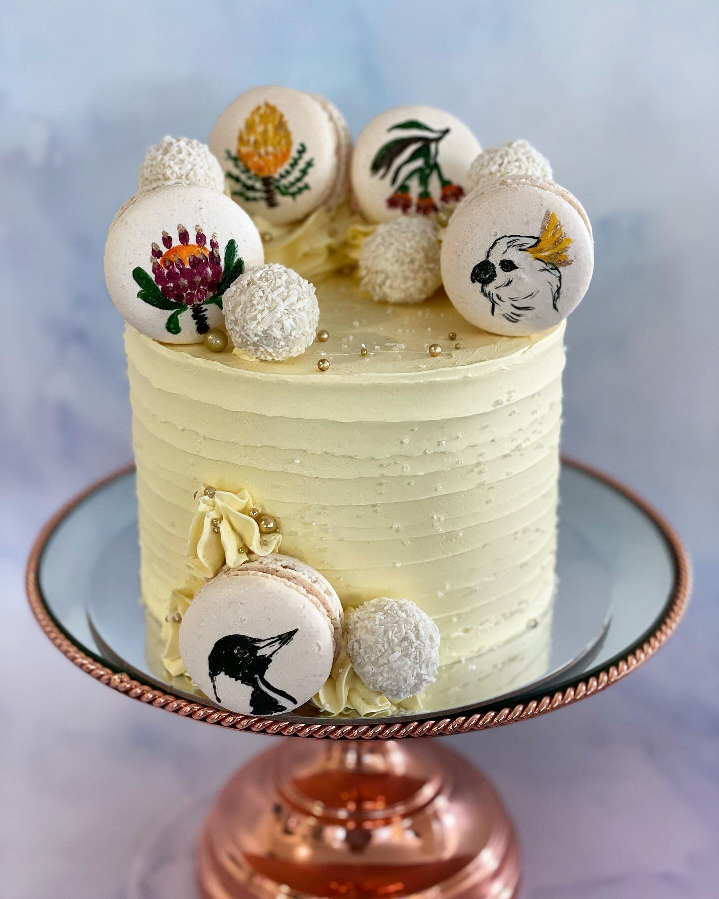 Native Australian Bird &amp; Flora lover cake with hand painted macarons for my beautiful friend&rsquo;s mother @lauzmck #poshlittlecakes #perthcake #perthcakes #cakesofperth #perthcakedesigner #cakesofinstagram #buttercream #buttercreamcakes #native