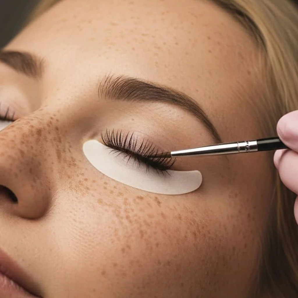 Closeup of an eyelash lifting procedure