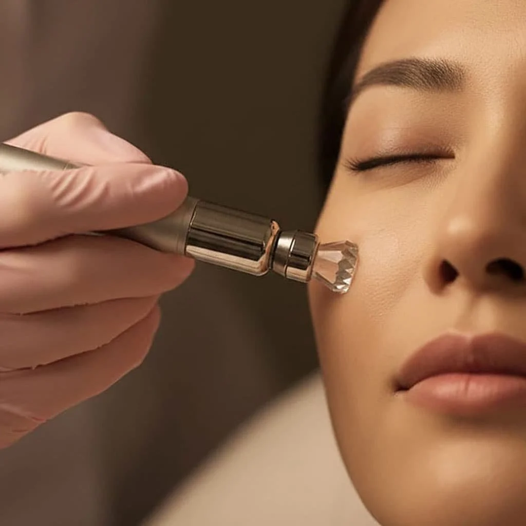 Closeup of a woman's face receiving a microdermabrasion treatment