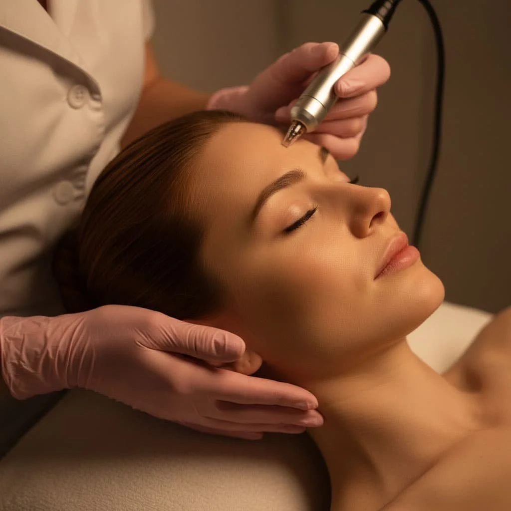 Closeup of a woman's face receiving skin microneedling