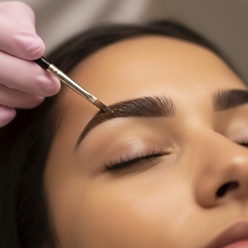 Closeup of woman's eyebrow being tinted