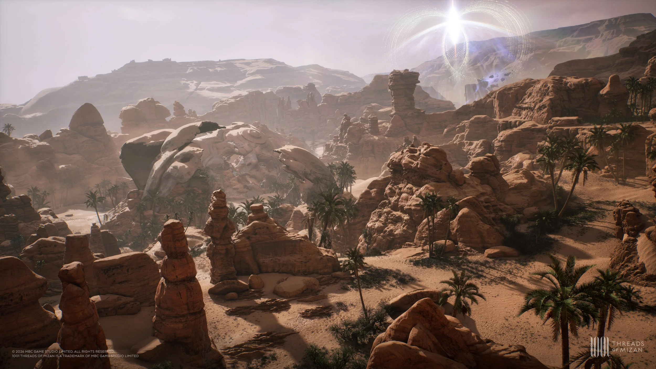 A desert landscape with rocky formations, sparse palm trees, and distant mountains. The sun is shining brightly, creating a lens flare.