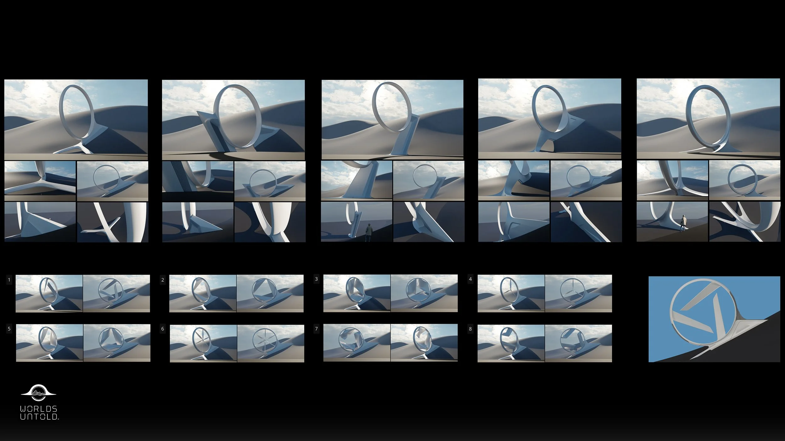 Series of digital renderings showing the design process of an abstract, futuristic sculpture resembling a circular band, placed in a desert landscape under a cloudy sky