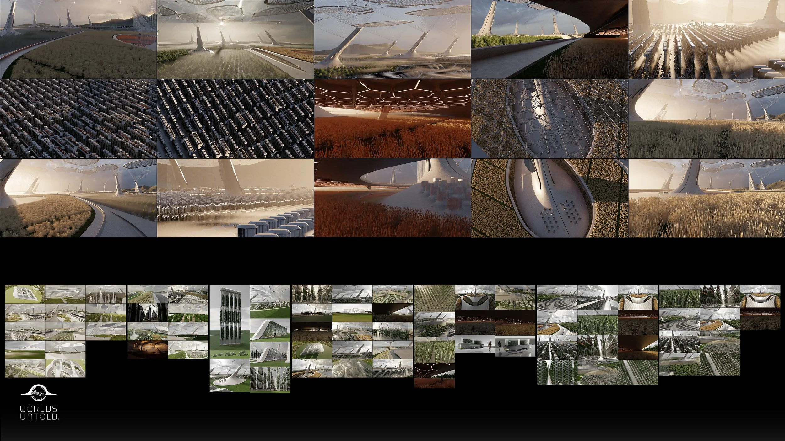 A collage of futuristic sustainable city concepts featuring advanced architecture, green spaces, solar panels, wind turbines, and integrated transportation systems.