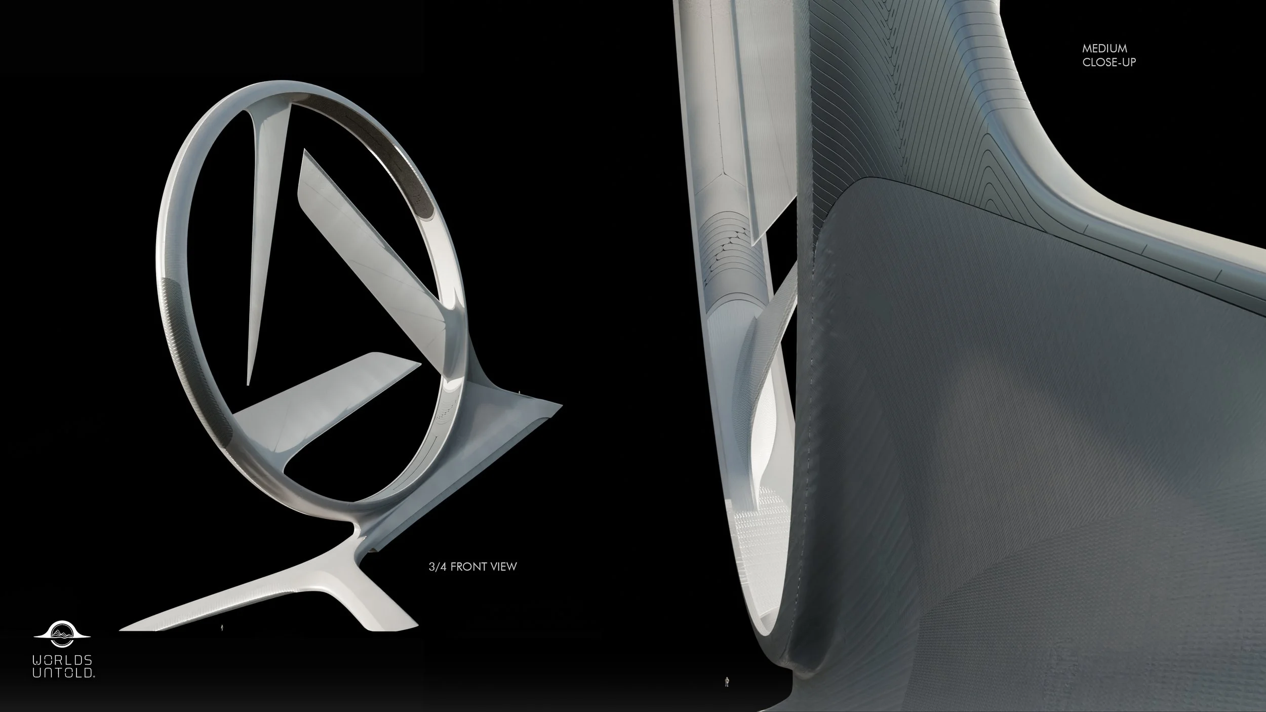 A futuristic design concept featuring a large Mercedes-Benz logo on the left and sleek modern architectural structures with smooth curves and metallic surfaces on the right, set against a black background.