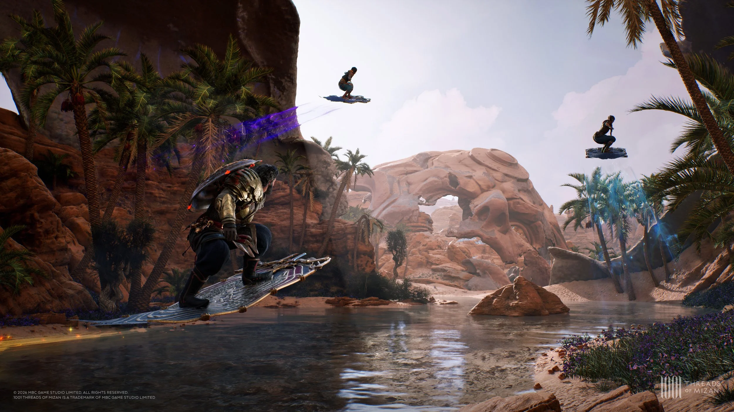 A person riding a hoverboard on water in a desert landscape with palm trees, rock formations, and floating figures above.