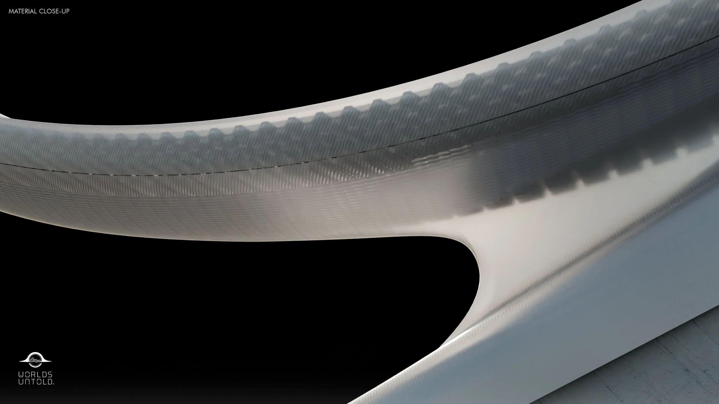 Close-up of layered, textured metal sheets with a sleek, curving design metallic surface.