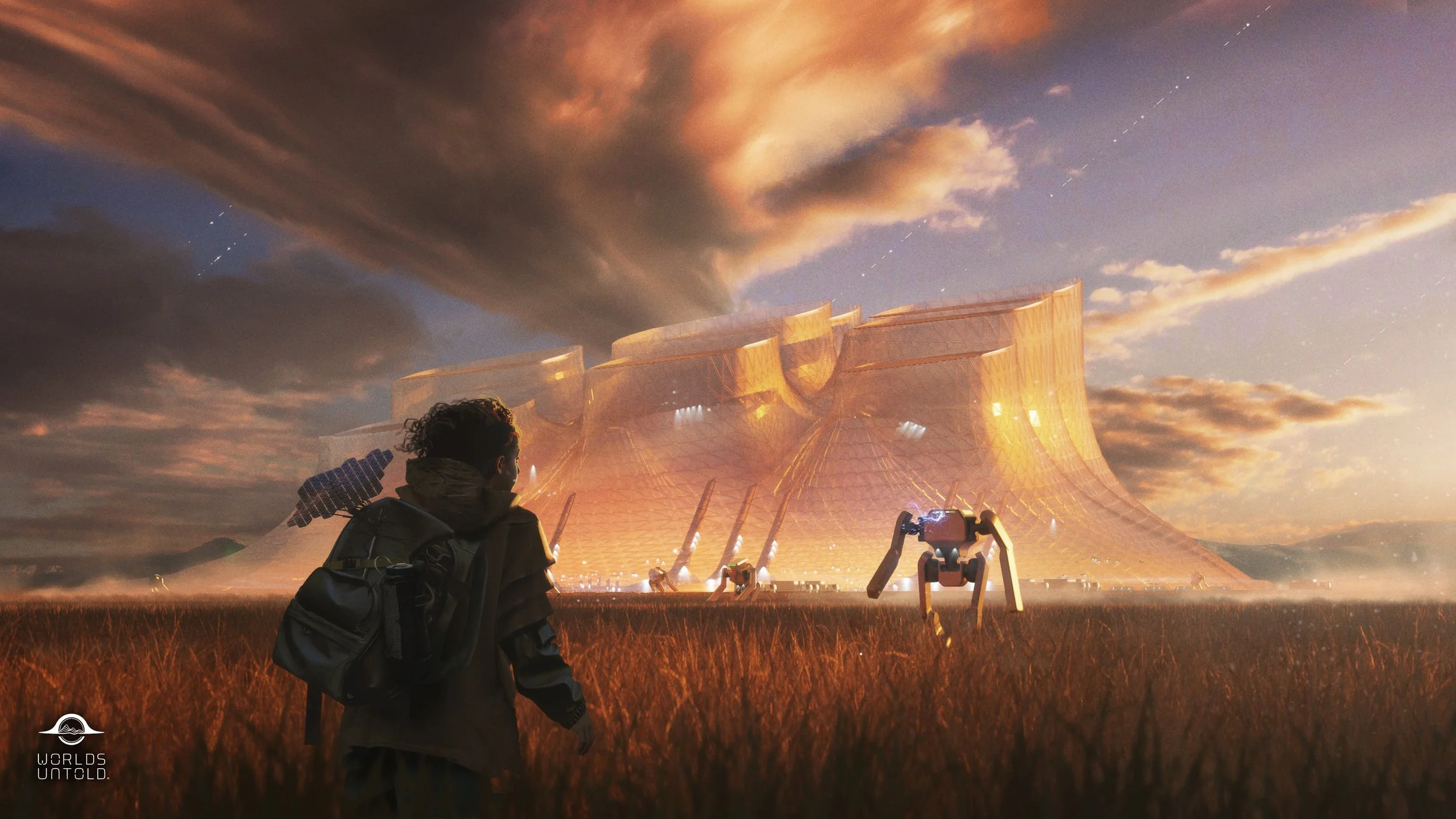 A person with curly hair and a backpack standing in a field, looking at a futuristic, illuminated building under a dramatic sky with clouds and streaks of light.