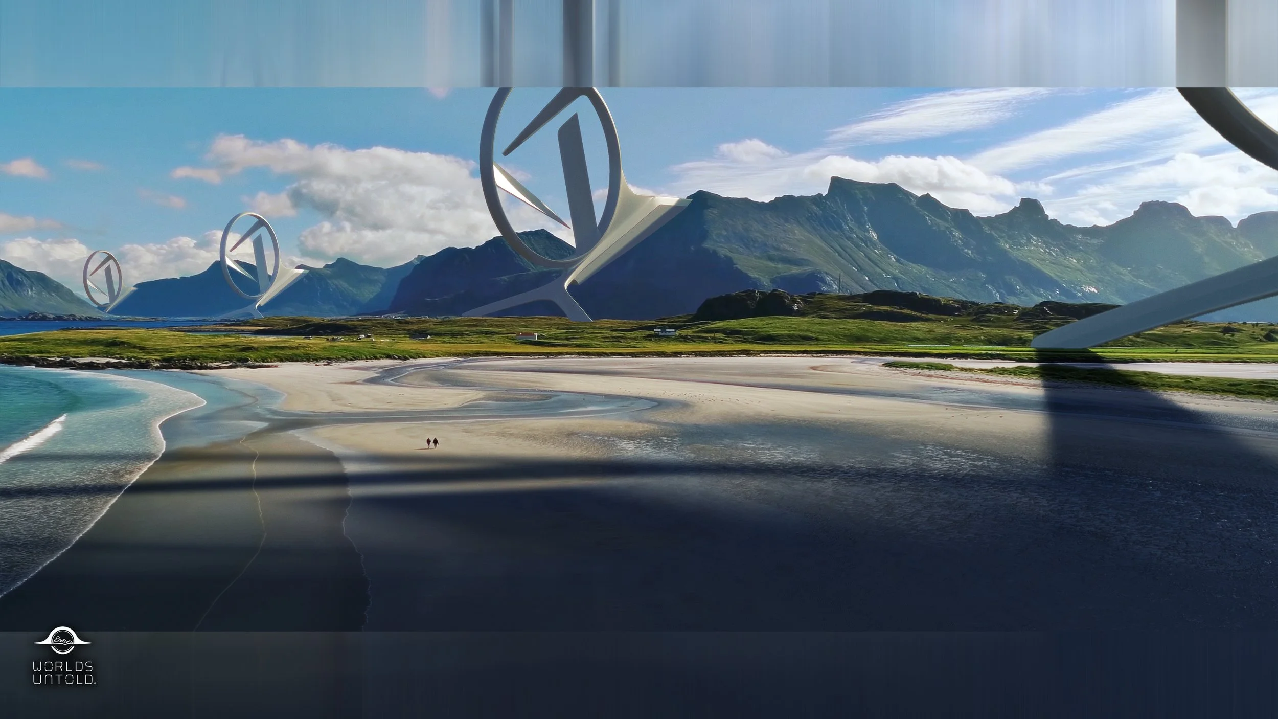 Futuristic landscape with large wind turbine structures on a beach, mountains in the background, and a partly cloudy sky.