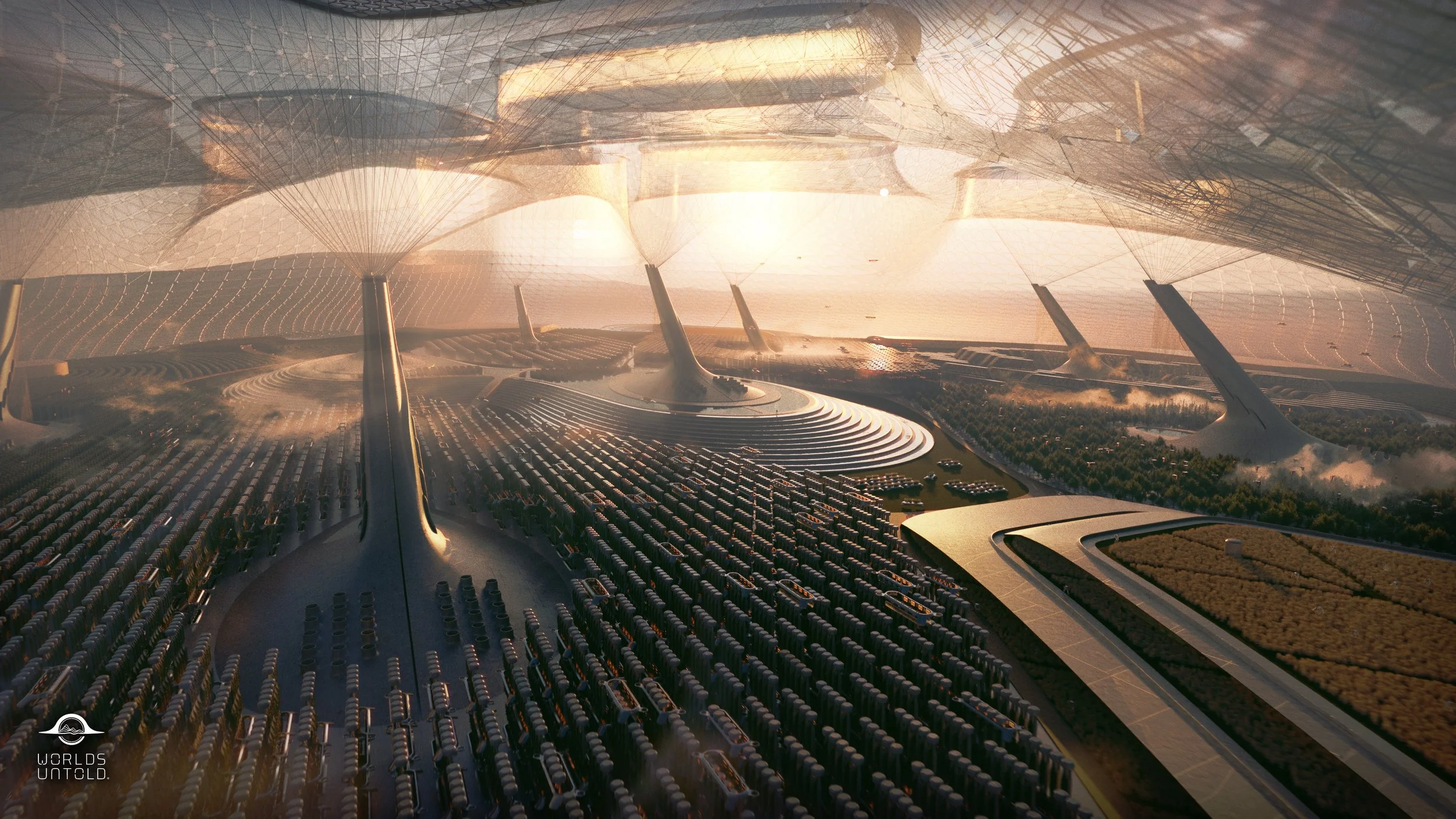 A futuristic cityscape with large, flying structures and sprawling urban area with organized parking and greenery, illuminated by a warm, setting sun.