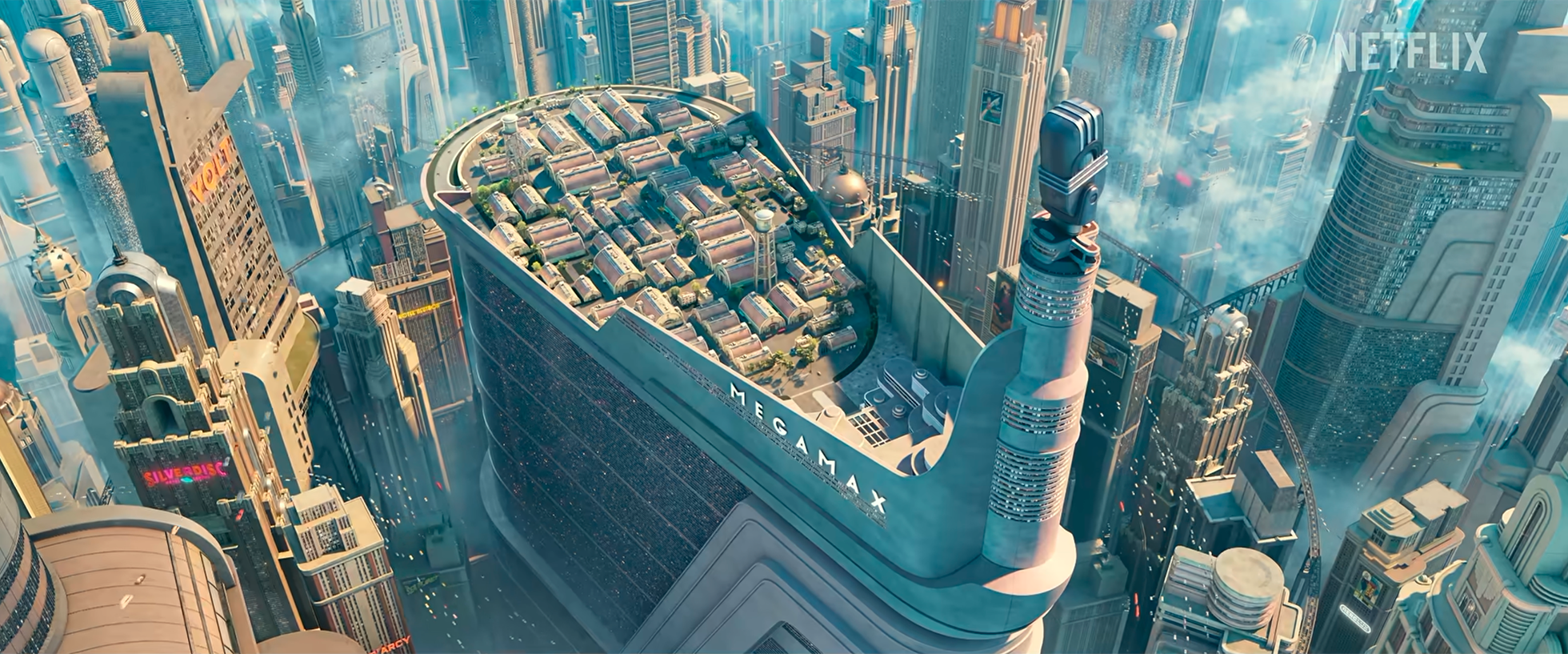 A futuristic cityscape with towering skyscrapers and a large building labeled 'MEGA MAX' with a rooftop parking lot filled with cars, and a visible 'Netflix' logo in the top right corner.