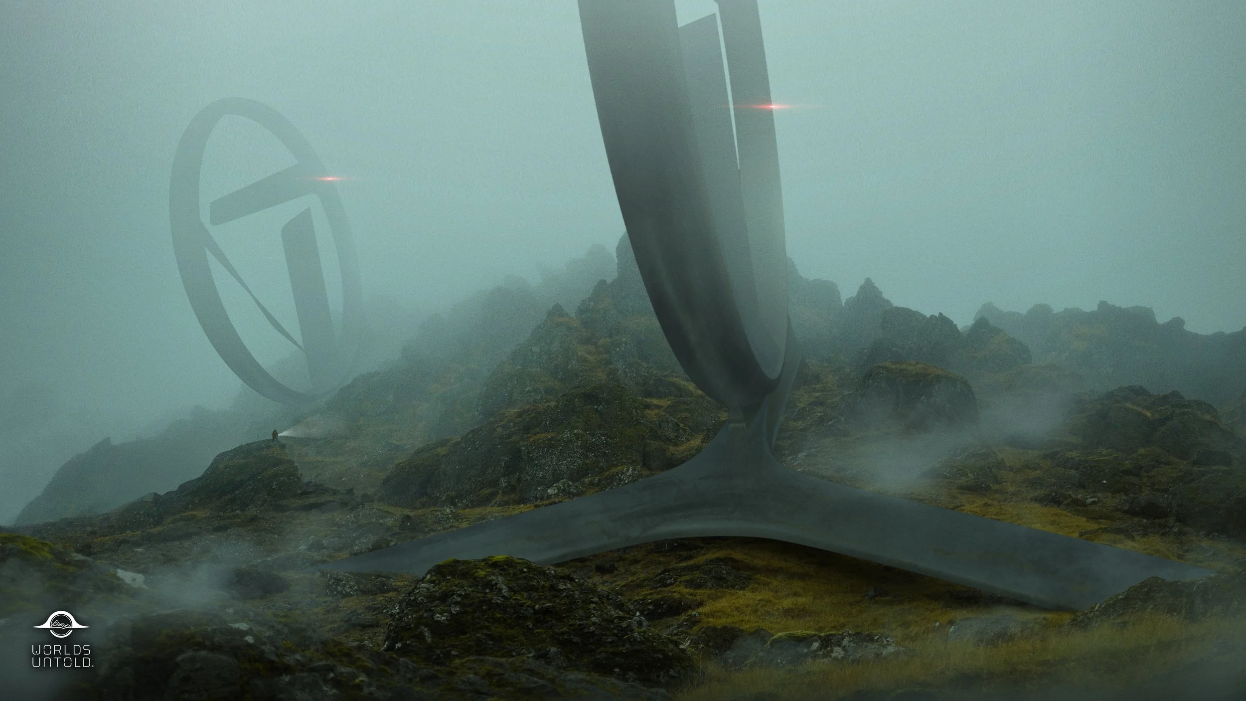 Futuristic aircraft cockpit view overlooking a foggy, rocky landscape with moss-covered boulders and mountains.