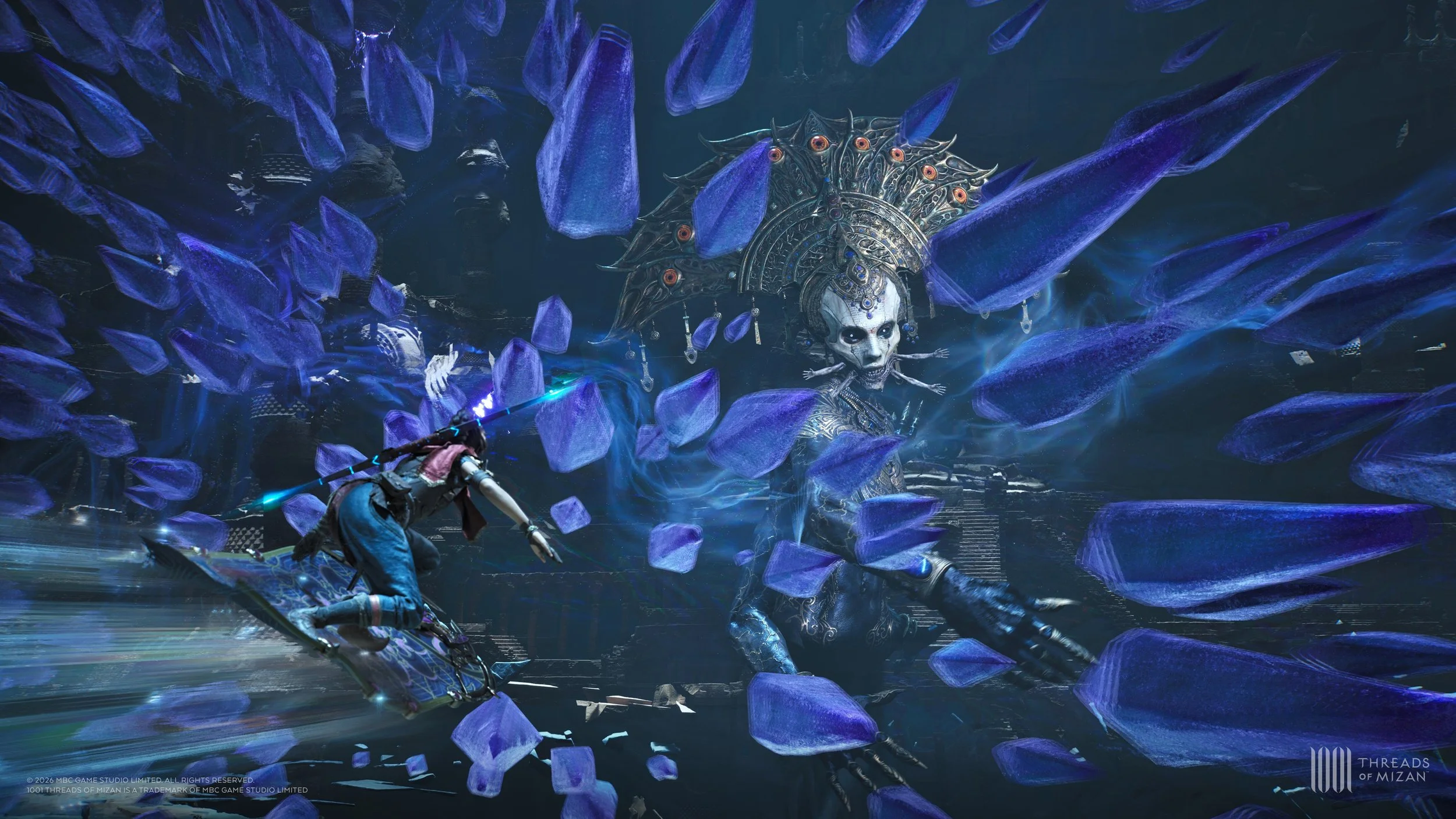A person riding a hoverboard towards a large, intricate puppet-like figure with a skeletal face, multiple eyes, and elaborate headdress, surrounded by floating blue crystals in a dark, surreal environment.