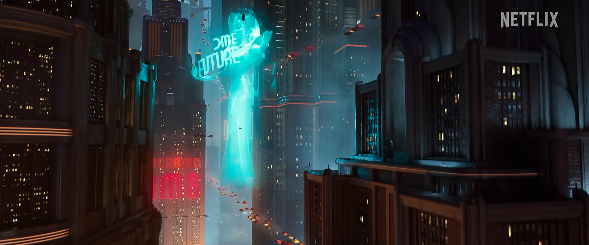 A futuristic cityscape at night with neon lights, tall buildings, flying cars, and a large holographic figure of a person holding a sign that says 'Come to the future.'