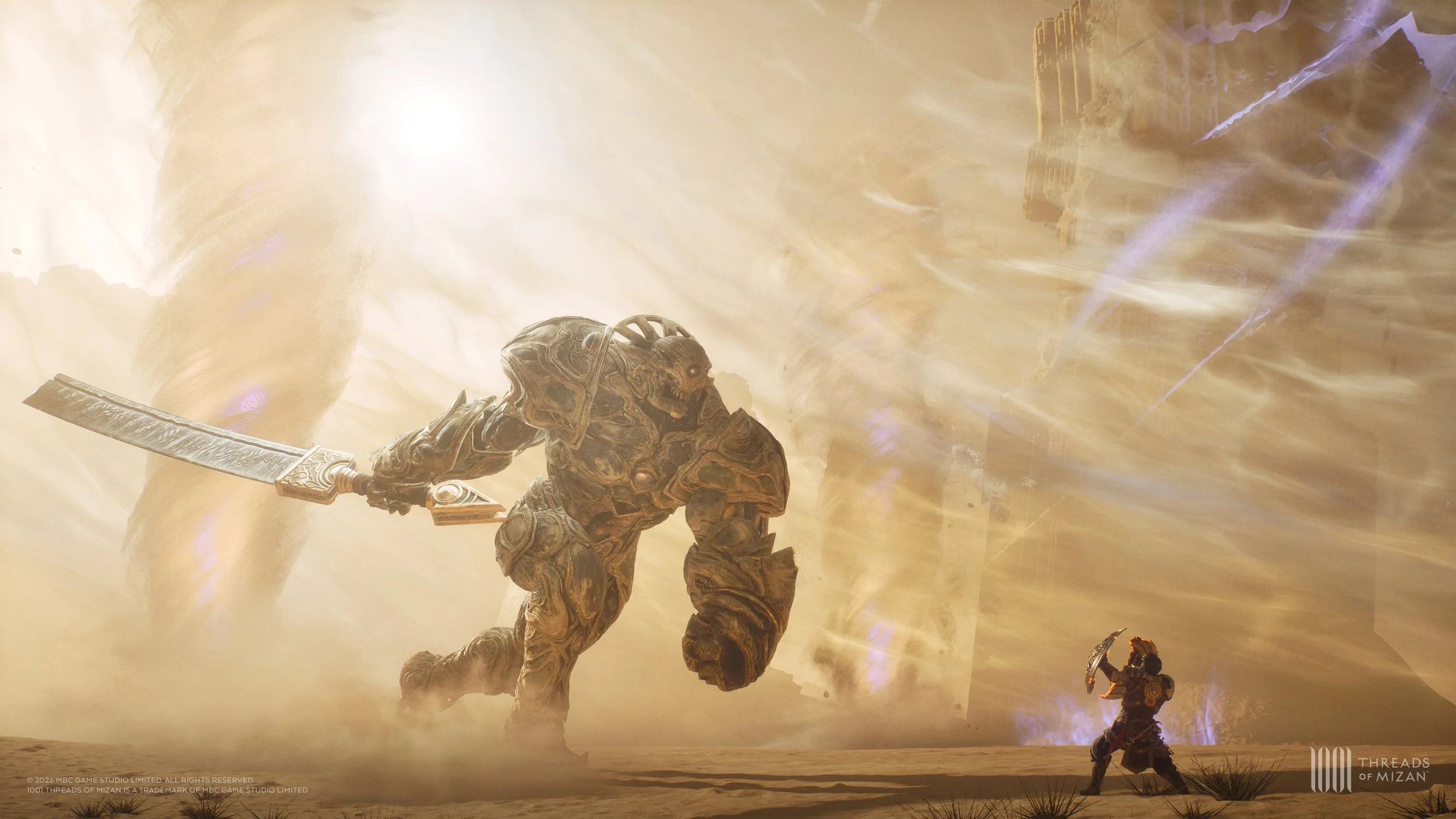 A large armored humanoid creature wielding a sword faces a smaller human figure in a fiery, stormy environment with lightning and destruction.