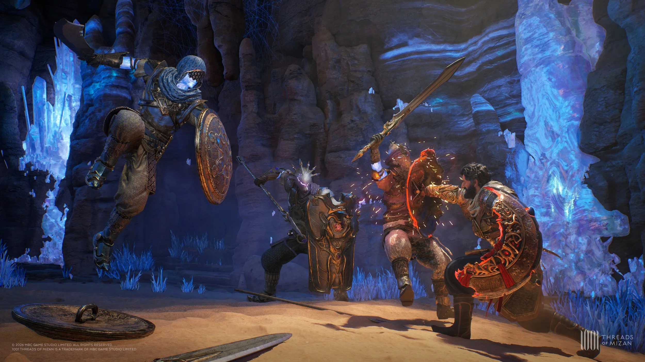 Video game scene depicting four armored warriors fighting inside a cavern with blue crystalline formations, one warrior swinging a sword, another holding a shield, and others engaged in combat.