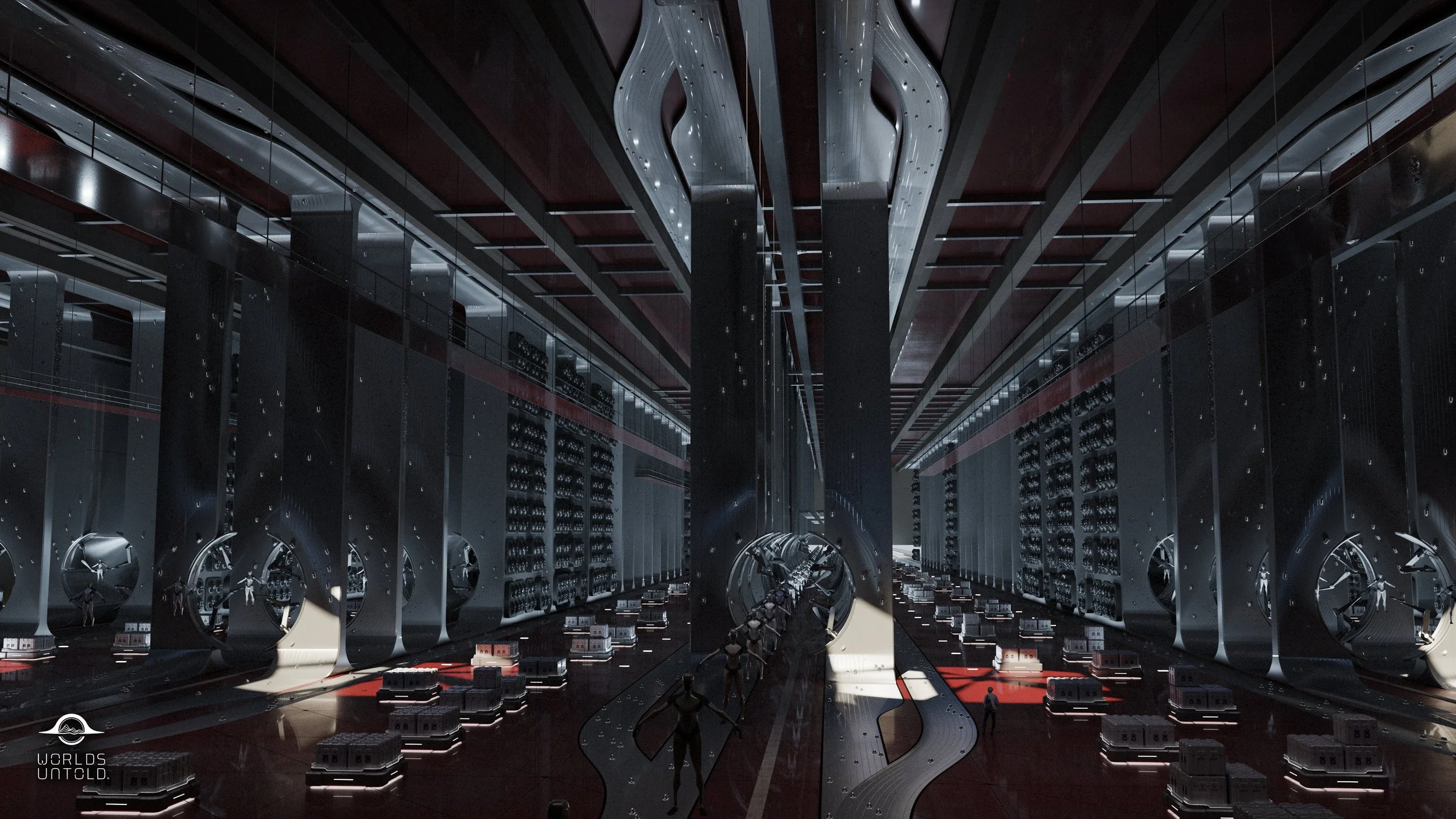 A futuristic data storage or server room with metallic structures, robotics, and servers, illuminated by dim lighting and red accents.