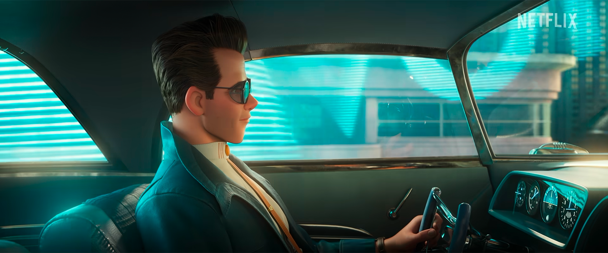 A young man with slicked-back hair and sunglasses driving a vintage car with a futuristic cityscape visible through the window, and the Netflix logo in the top right corner.