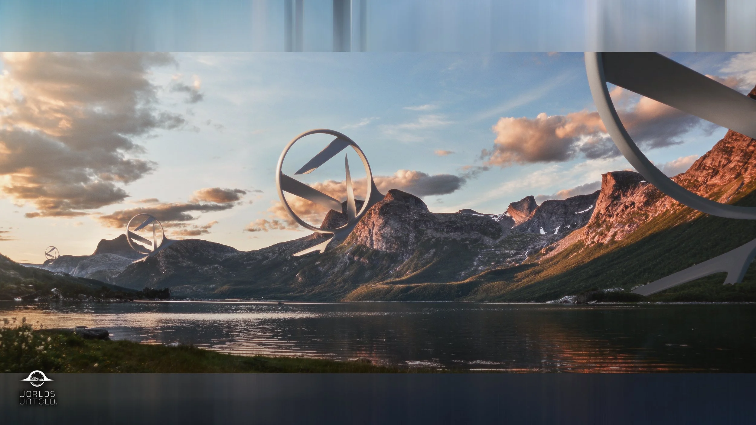 Scenic landscape featuring tall, modern sculptures of the Mercedes-Benz logo on a mountain range with snow patches, a lake, and a cloudy sunset sky.