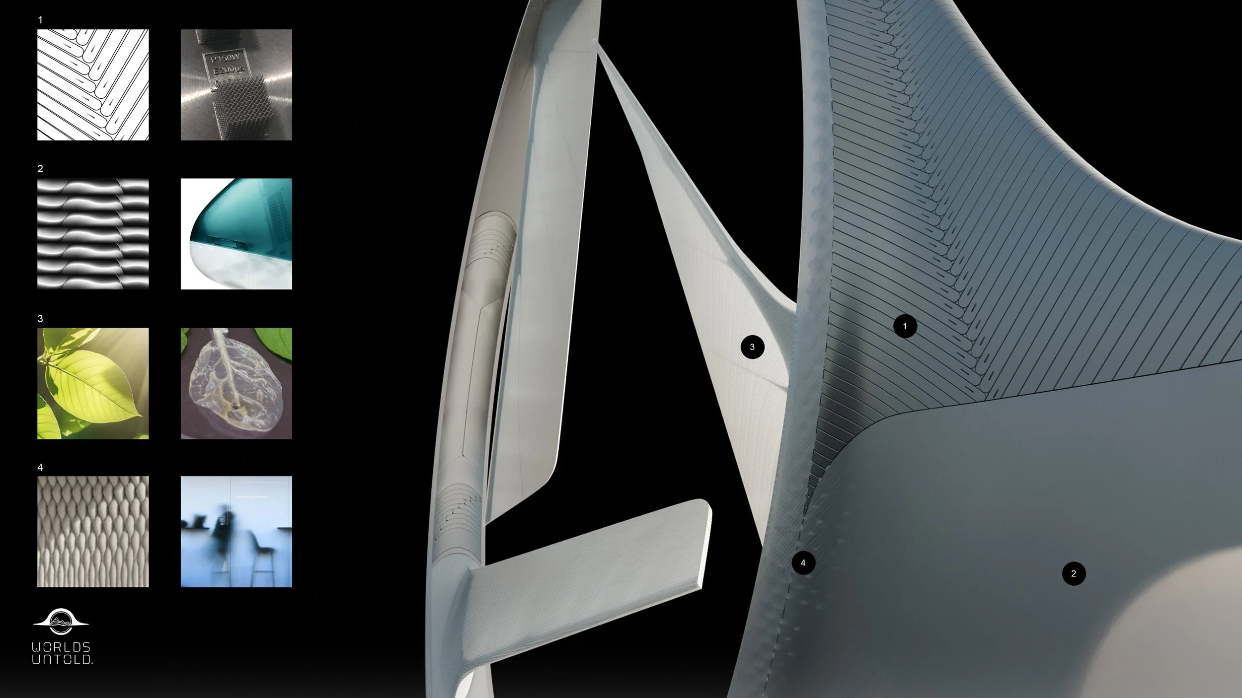 A collage featuring detailed images of structures and materials, including patterned grids, metallic surfaces, leaves, and textures, with a modern architectural or design focus.