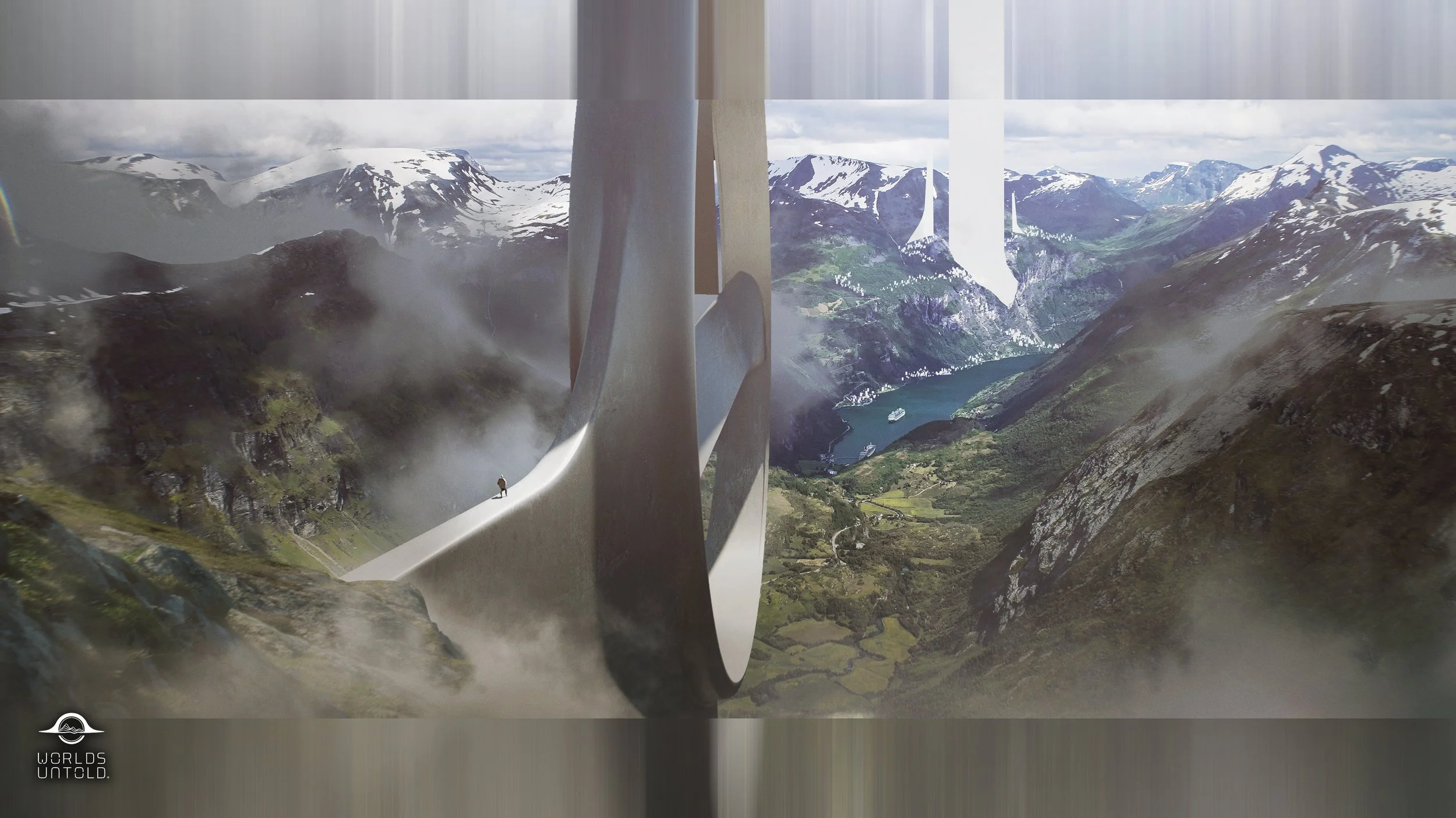A person standing on a futuristic structure overlooking snow-capped mountains, a river, and green valleys.