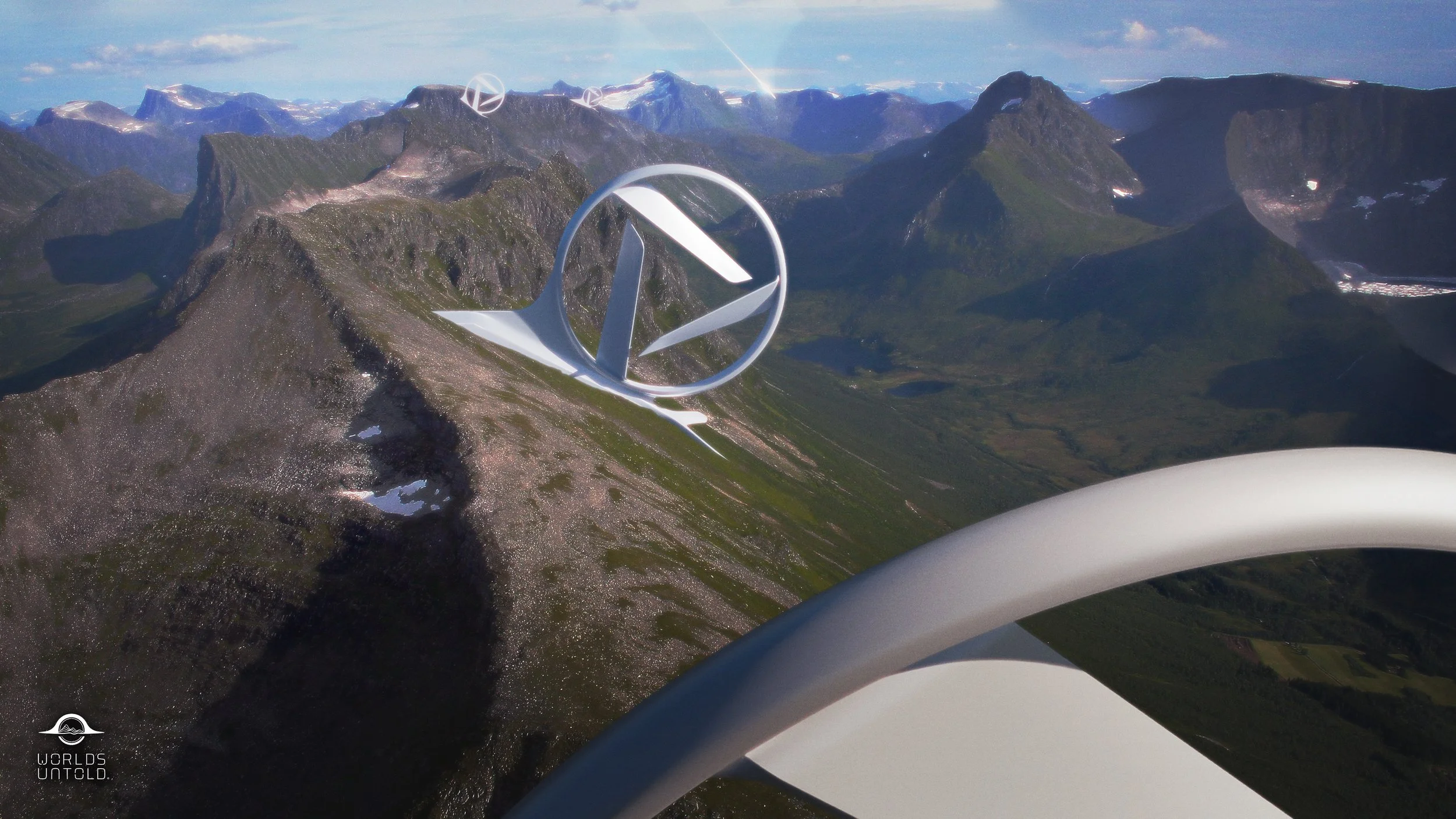 A landscape view taken from an aircraft shows mountainous terrain with green valleys and patches of snow, with a large metallic emblem of Mercedes-Benz attached to the aircraft in the foreground.