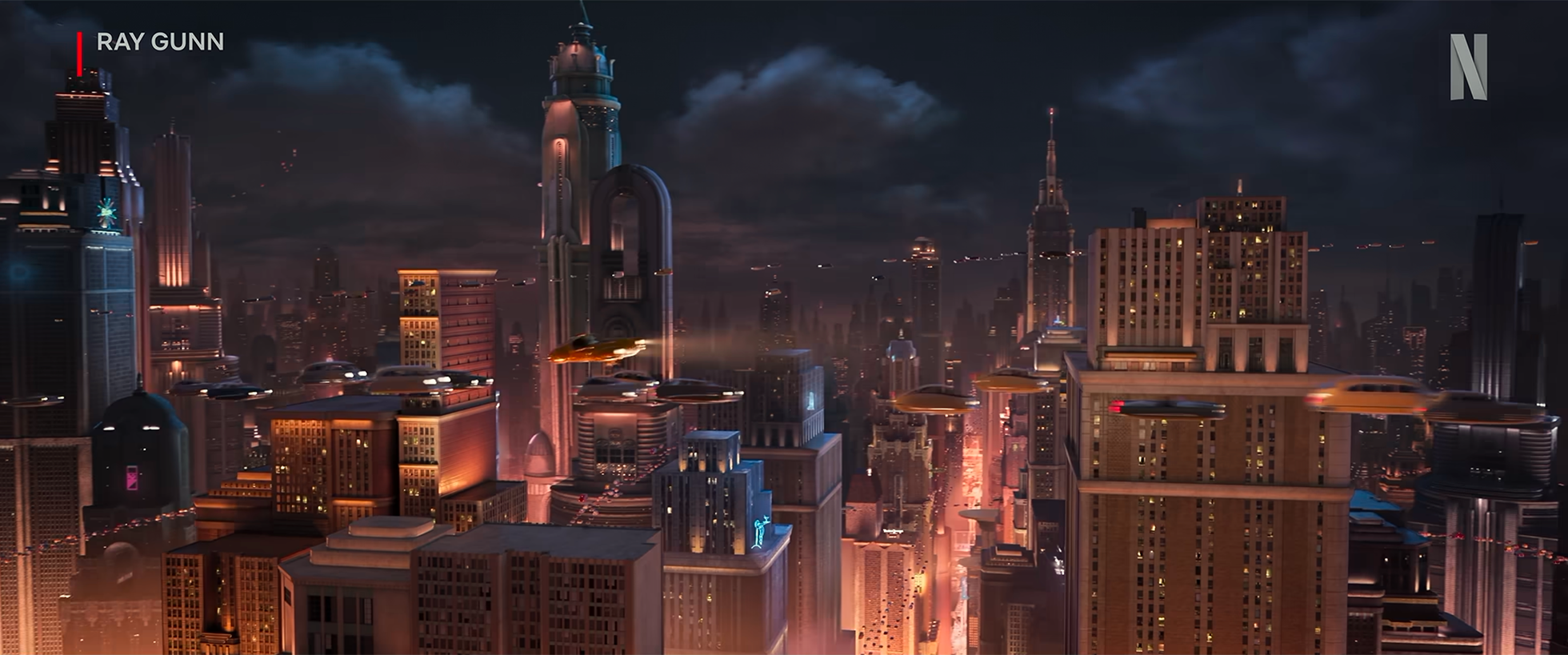 Futuristic city skyline at night with flying cars moving between tall, illuminated skyscrapers and clouds overhead.