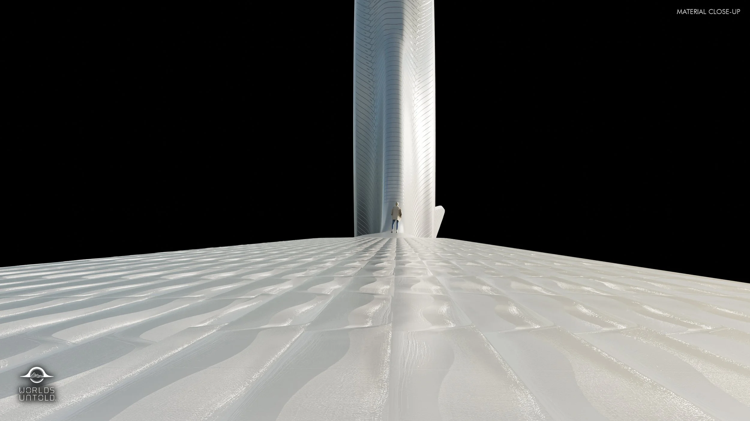 Close-up of a large, sleek, white architectural structure with a person standing at the entrance, against a black background, highlighting its modern design and textured surface.