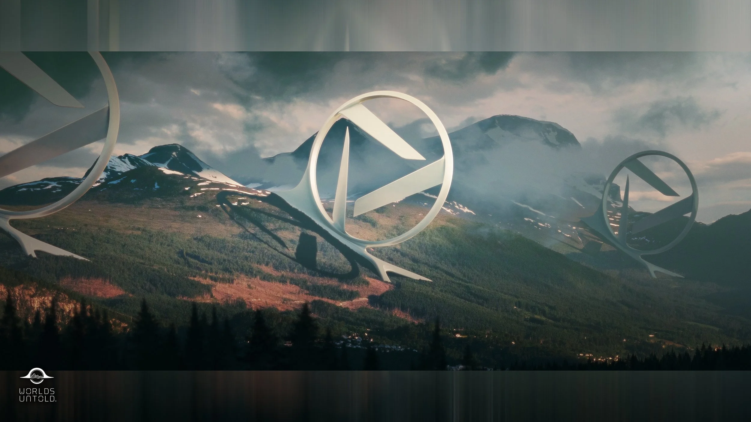 Mountains with snow, cloudy sky, and futuristic circular structures with sharp, angular designs in a valley.