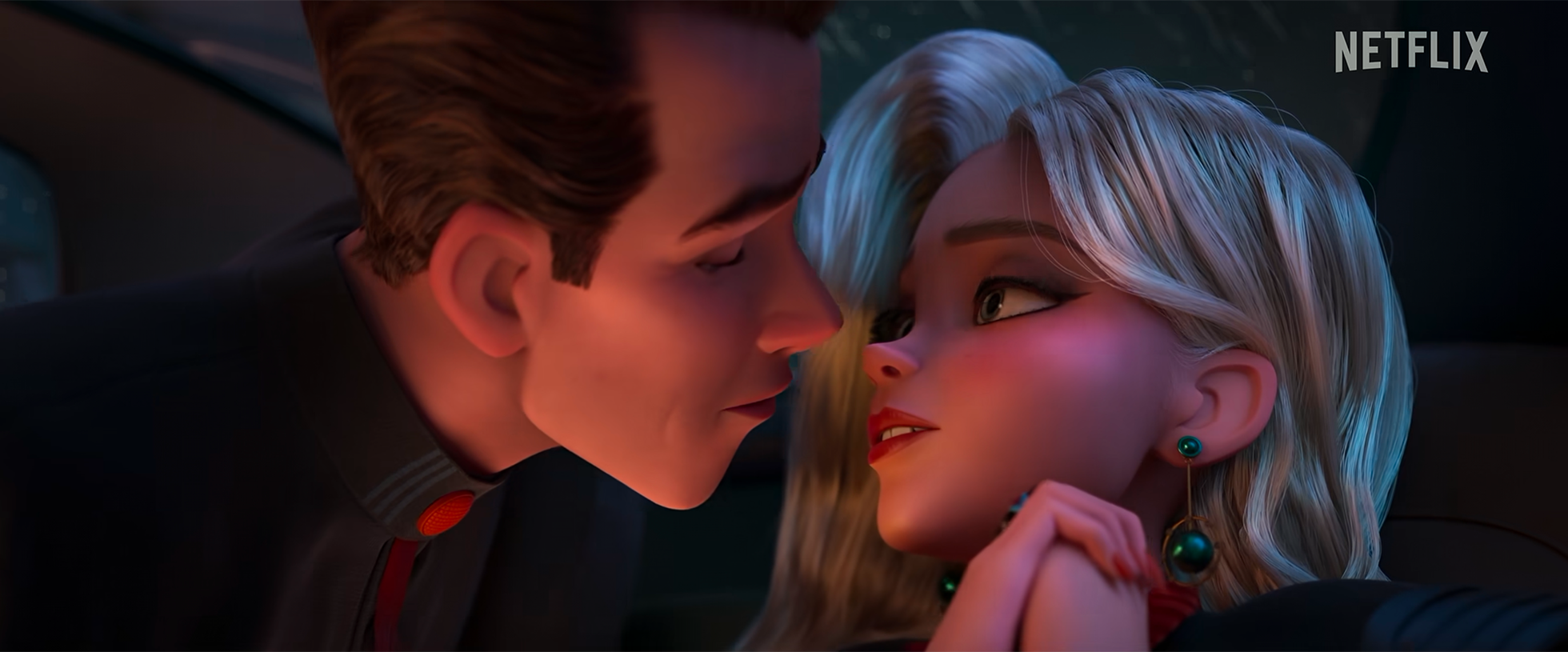 Animated scene of a young man and woman with close faces, gazing into each other's eyes inside a vehicle, with the Netflix logo in the top right corner.